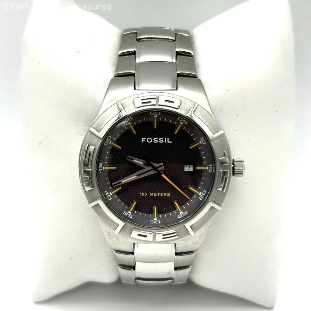 Vintage Fossil Blue Men's Watch Stainless Steel AM-3994 Date 100M 38mm